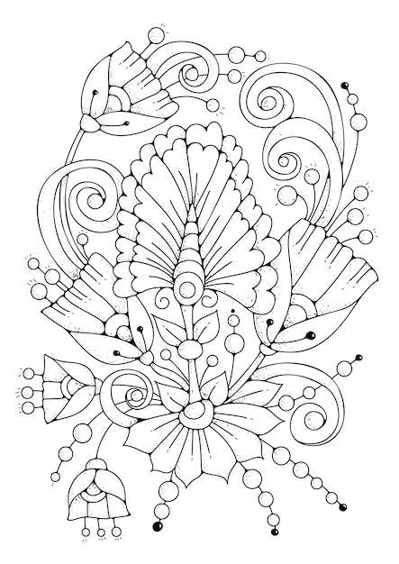 Floral ornament coloring page. Art therapy for children and adults. Black-white flowers background for coloring.