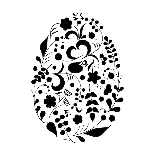 Floral ornament with flowers and berries in shape of egg in Khokhloma style in traditional colors isolated on white background Russian folklore Vector illustration