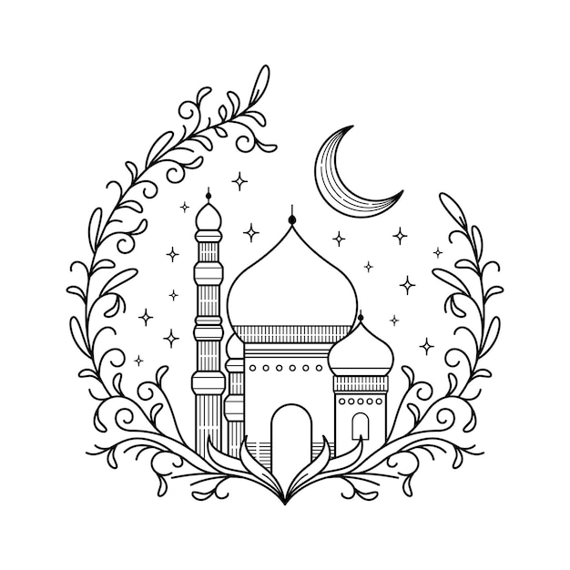 Floral ornamental with mosque and crescent doodle hand drawn great for ramadan kareem greeting card