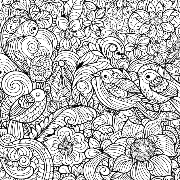 Floral pattern coloring page adults and children printable black and white vector generative ai