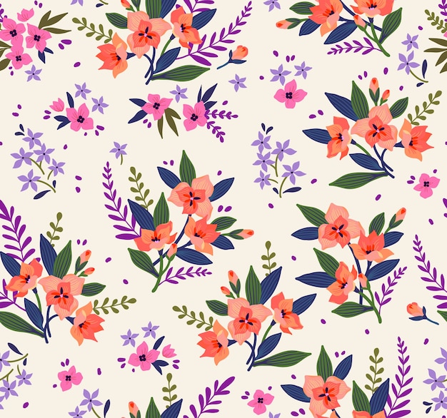 Floral pattern. Pretty flowers, white background. Printing with small orange flowers. Ditsy print