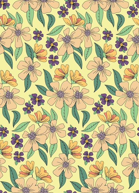 Floral pattern in retro style Abstract composition of flowers and leaves with a contour Seamless pattern with wild flowers Vector floral background in hippie style