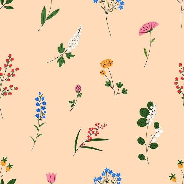 Floral pattern, seamless botanical background. Field and meadow flowers, repeating print. Wild blooming plants, endless natural texture design for textile, fabric, wallpaper. Flat vector illustration