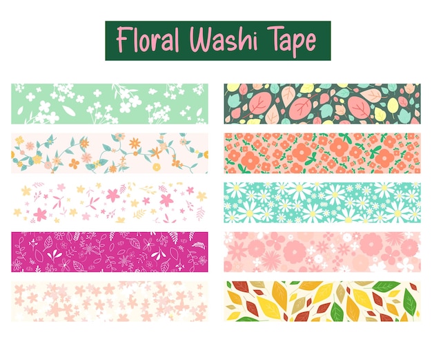 Vector floral pattern washi tape scrap booking set for decoration