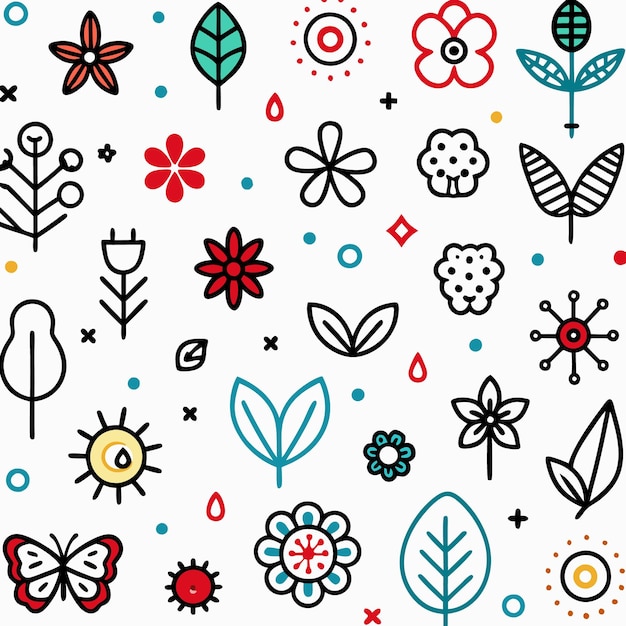 Vector floral pattern with butterfly and sun handdrawn illustration