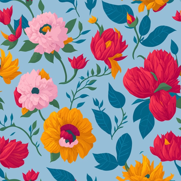 A floral pattern with flowers and leaves on a blue background.