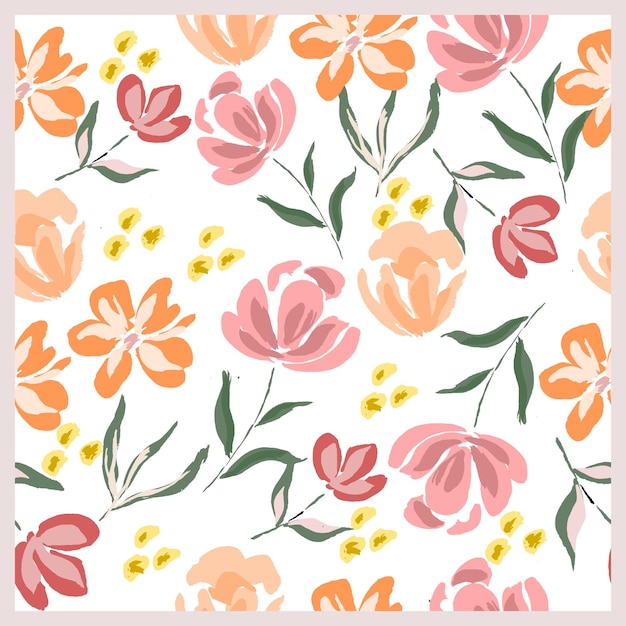 A floral pattern with orange and pink flowers and yellow leaves.