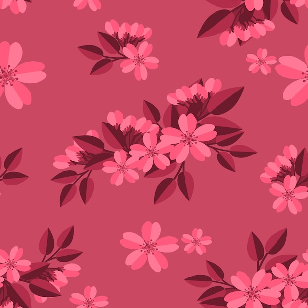 Floral pink cherry blossom on pink background. 