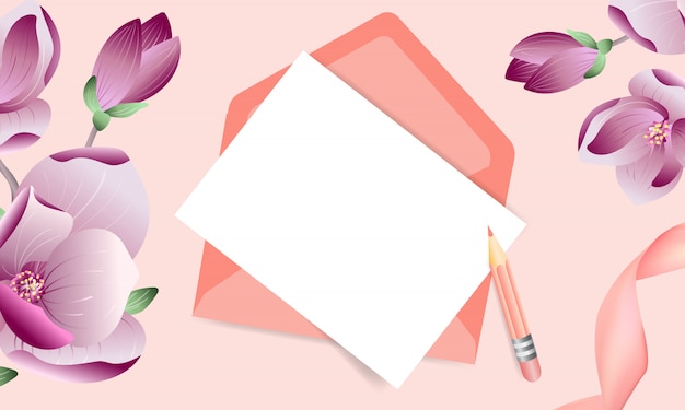 floral pink greeting card with envelope and magnolia