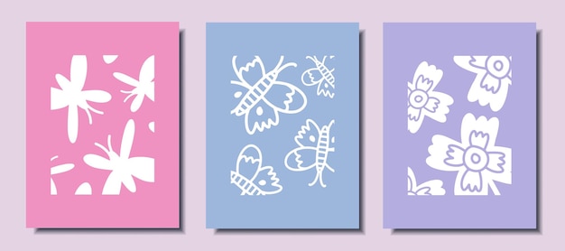 floral poster set. abstract flowers. abstract butterflies