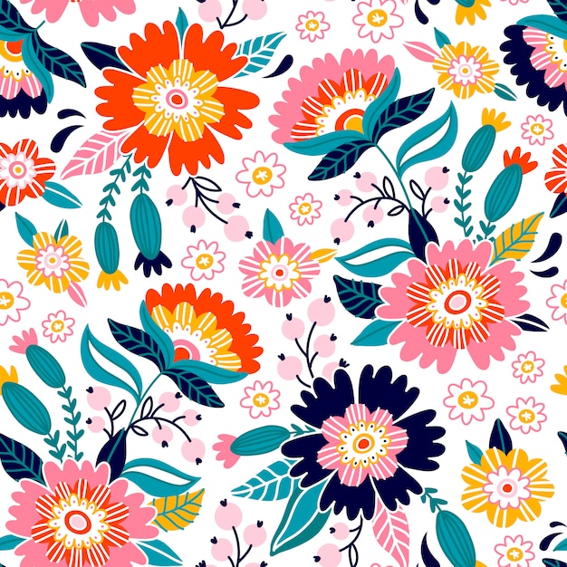 Floral print design. Pattern with cute flowers and berries