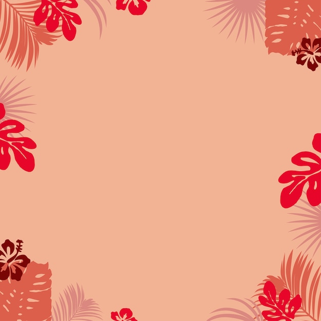 Floral red background with tropical leaves 