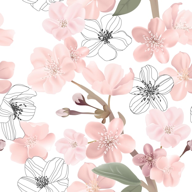 Floral retro seamless pattern, cherry or sakura flowers background, pastel vintage illustration in vector