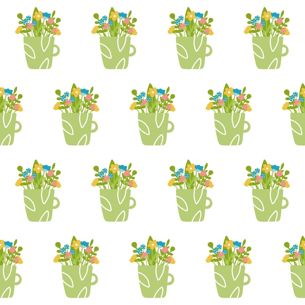 Floral romantic seamless vector pattern Flowers in green cup