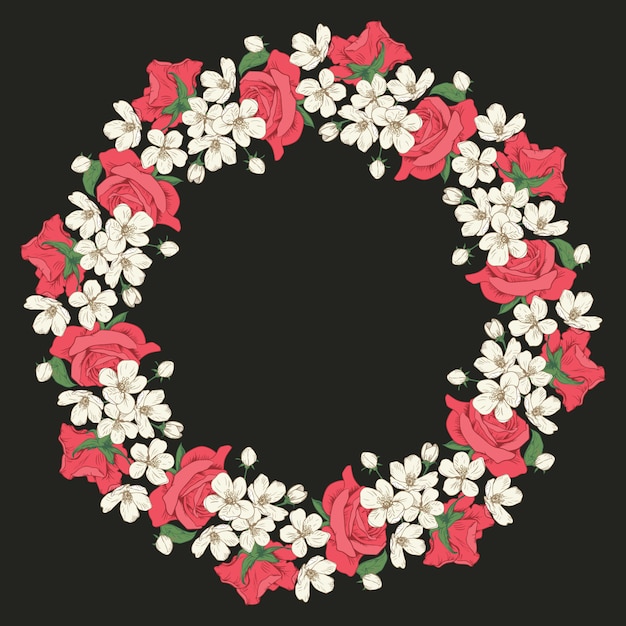 Floral round frame on black background for your text