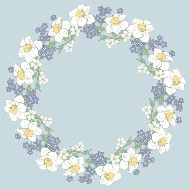 Floral round frame on blue background. Spring design