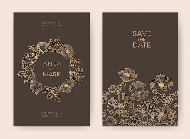 Floral Save the Date card and wedding invitation templates with blooming garden flowers