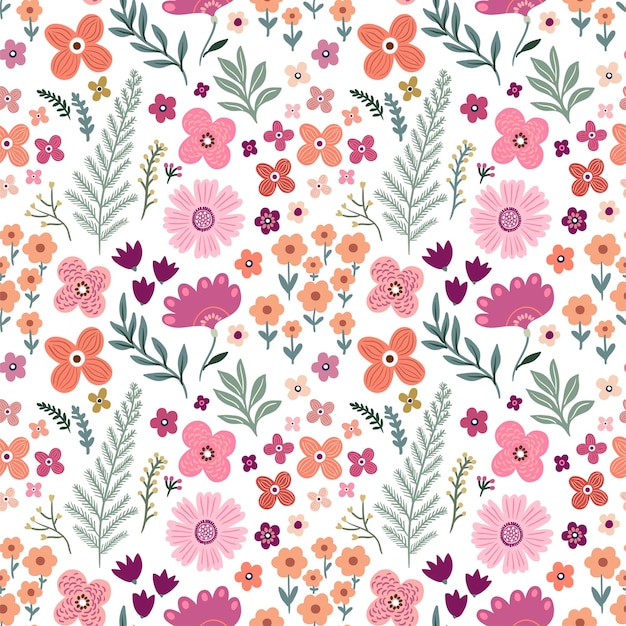 Floral seamless pattern, background, wallpaper, spring and summer design, flowers in bloom and plant