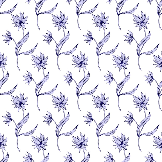 Floral seamless pattern. Beautiful botanical repeat texture with branches, leaves and flowers for print, fabric, textile, wallpaper in soft colors. Hand drawn ink illustration in line art style.