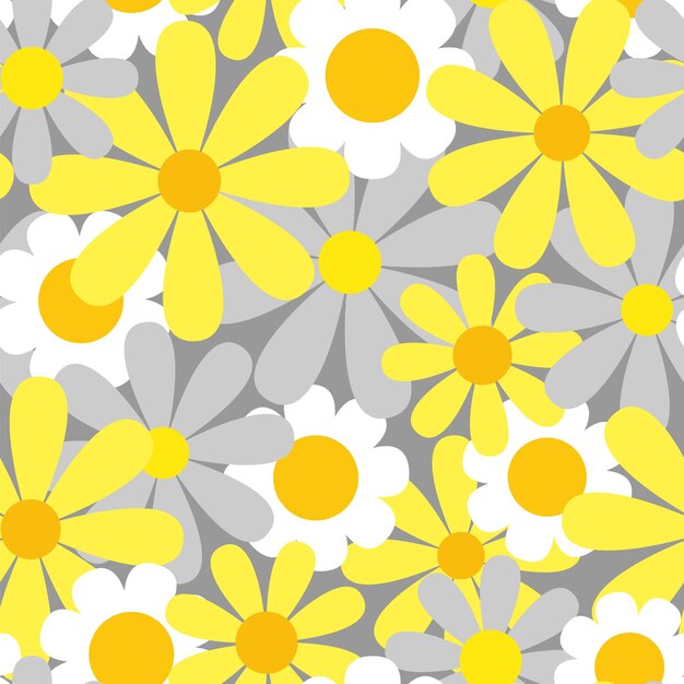 Floral seamless pattern beautiful yellow and white flowers on a gray background