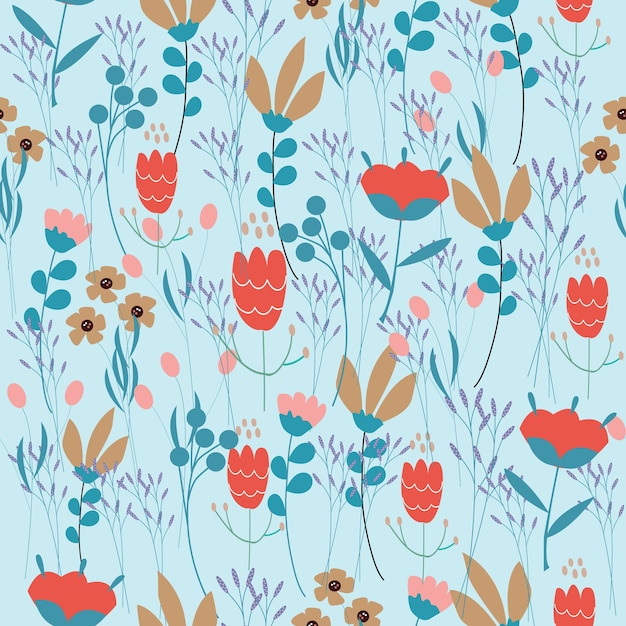 Floral seamless pattern on blue background. Vector design.