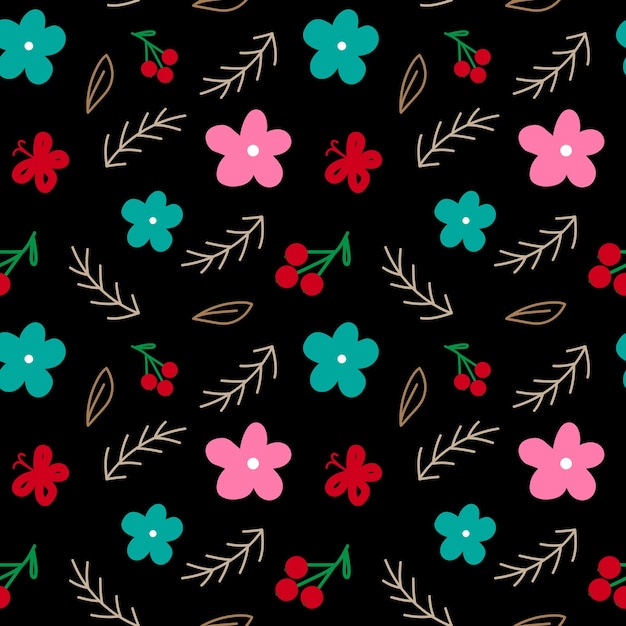 Floral seamless pattern Botanical fabric print template Vector illustration with flowers leaves and berries