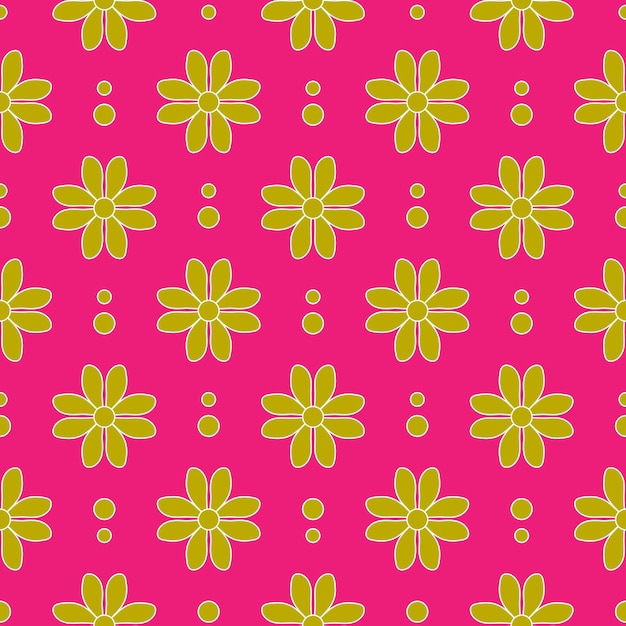 Floral seamless pattern Botanical fabric print template Vector illustration with green camomile flowers in a row on pink background