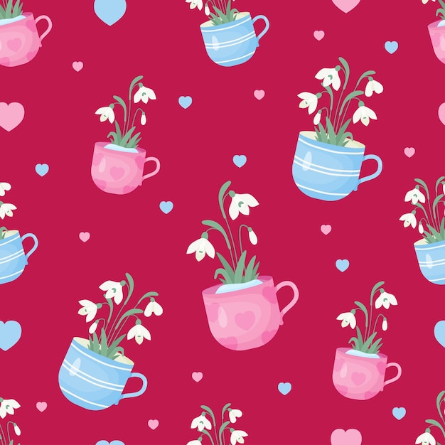 Floral seamless pattern Bouquet of white snowdrop flowers in cup on magenta background