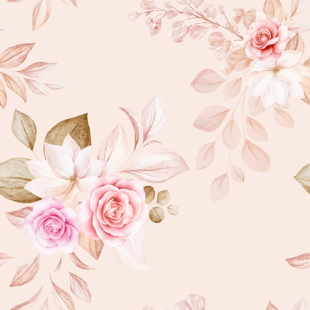 Floral seamless pattern of brown and peach watercolor roses and wild flowers arrangements