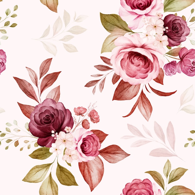 Floral seamless pattern of burgundy and peach watercolor roses and wild flowers arrangements