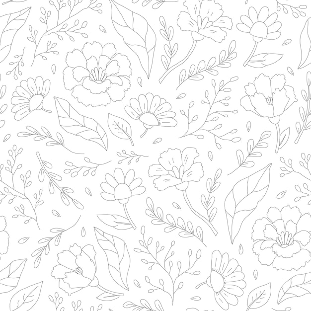 Floral seamless pattern of cute abstract handdrawn flowers and leaves black and white vector illustration