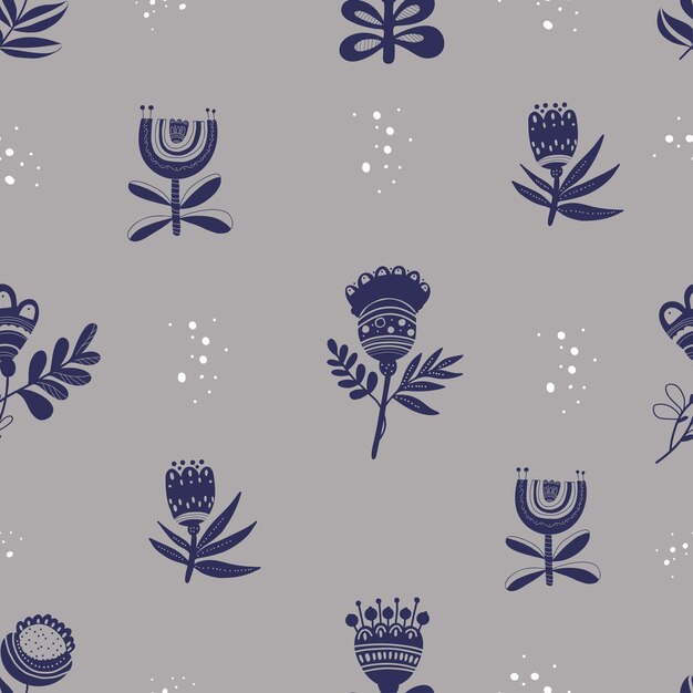 Floral seamless pattern Decorative flowers on Gray background Vector Linear hand drawing