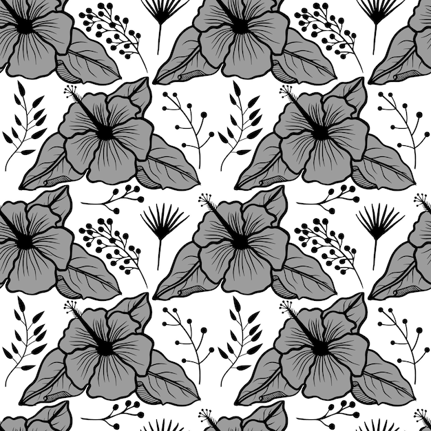 Floral seamless pattern gray flowers on white bg