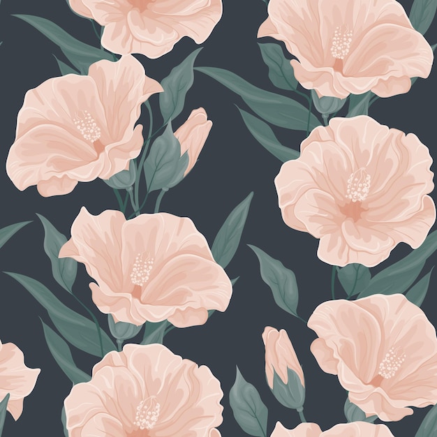 Floral seamless pattern. Pink hibiscus flowers, buds, various leaves, twigs and herbs form a continuous line. Dark pastel colors.