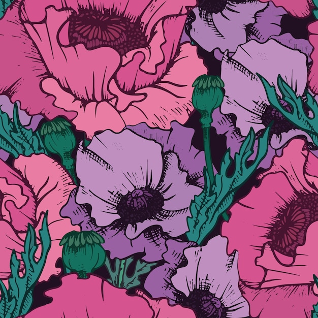 Floral seamless pattern Poppy flowers buds leaves poppy heads will form a continuous Vector