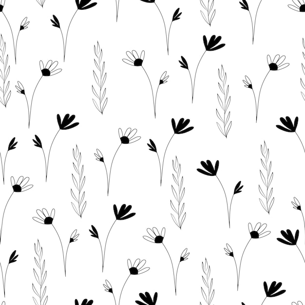 Floral seamless pattern Simple illustration of flowers leaves and twigs Vector print