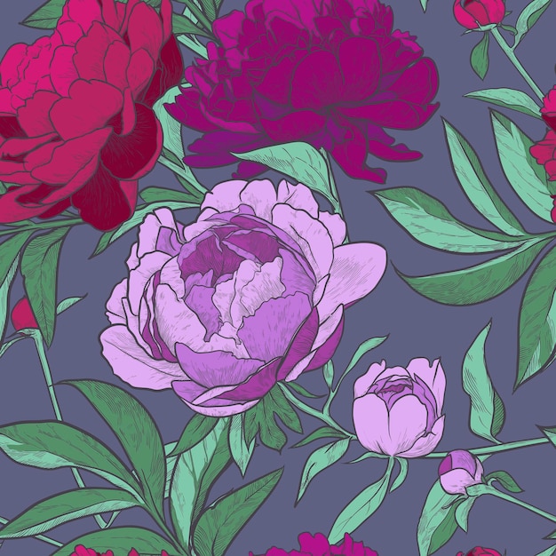 Floral seamless pattern. Vintage peony background. Hand drawn vector illustration.