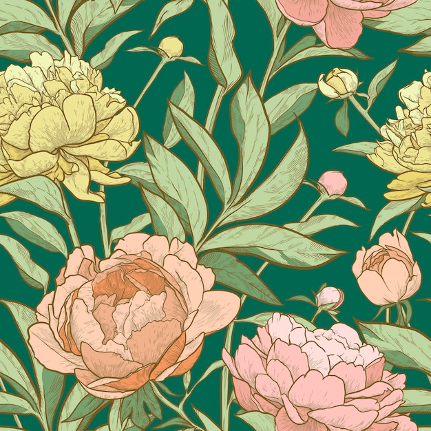 Floral seamless pattern Vintage peony background Hand drawn vector illustration