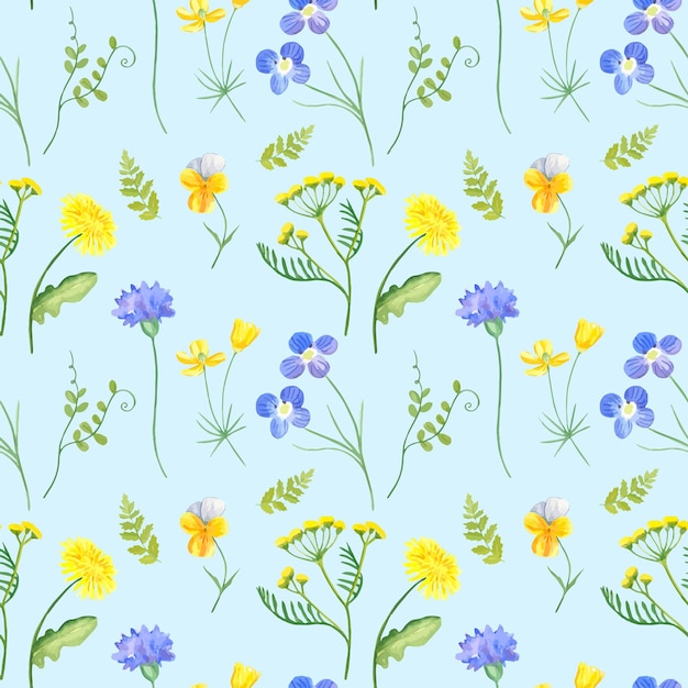 Floral seamless pattern of wild flowers watercolor on a blue background