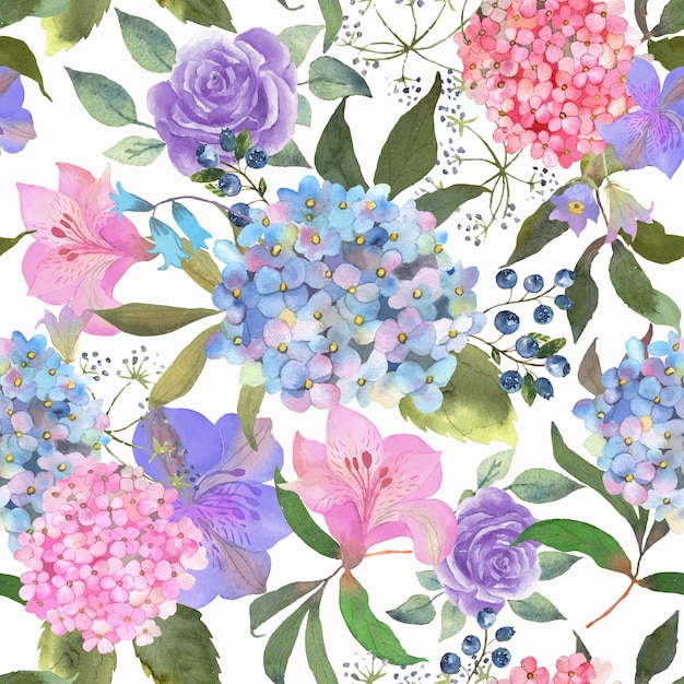 Floral seamless pattern with a blooming pink blue hydrangea roses and leaves in watercolor Vector