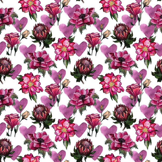 Vector floral seamless pattern with blooming pink flowers protea and wild rose tropical exotic valentine