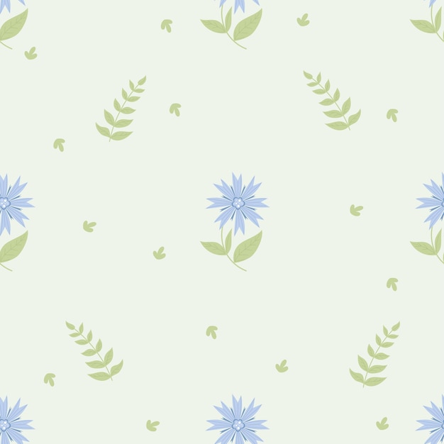 Floral seamless pattern with blue cornflower and leaves on light background Botanical pattern