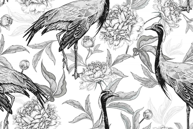 Floral seamless pattern with cranes and flowers peonies. Black and white.