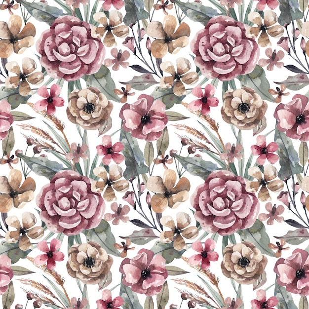 Vector floral seamless pattern with gentle flowers and delicate branches in boho stile watercolor flowers