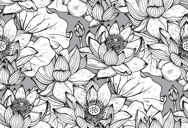 Floral seamless pattern with hand drawn lotus flowers and leaves