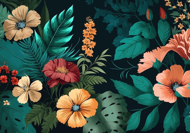 Floral seamless pattern with hibiscus hibiscus palm leaves and hibiscus flowers Vector illustration