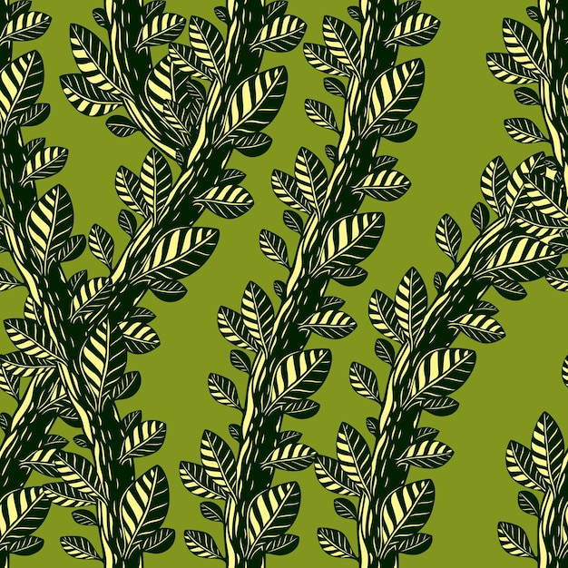 Floral seamless pattern with leaves and branches, vector green fabric background. Tangled stems, garden and forest nature life theme.