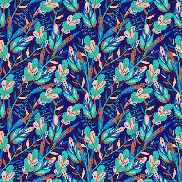 Floral seamless pattern with leaves of plants on blue background Trendy print for textile