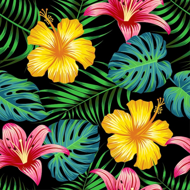 Vector floral seamless pattern with leaves tropical background