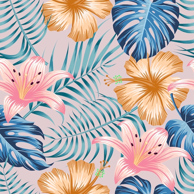 Floral seamless pattern with leaves. tropical background